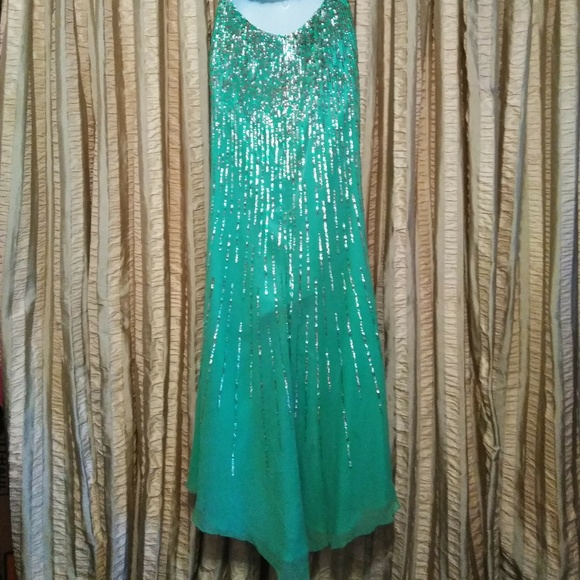 Size 8 Sherri Hill Teal Silk One-Shoulder Dress - Picture 8 of 9
